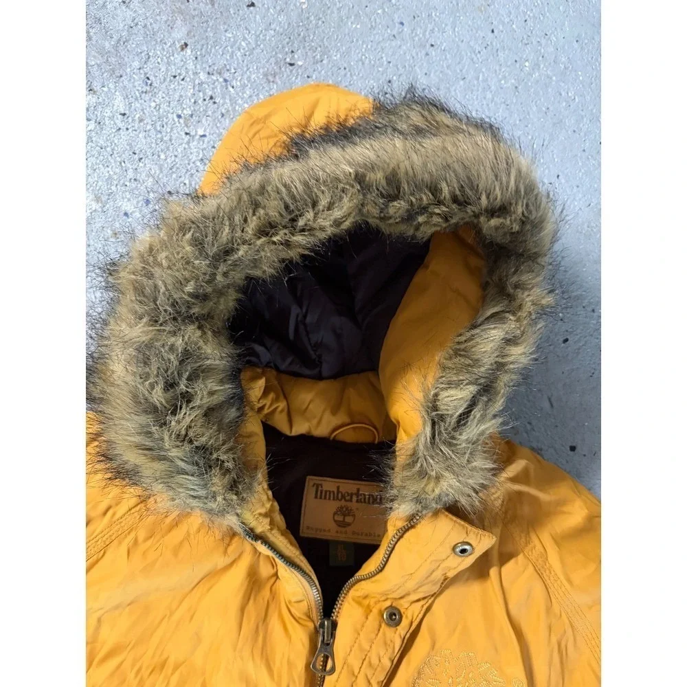 Timberland Rugged and Durable Mustard Yellow Faux Fur Hooded Parka Jacket Men XL